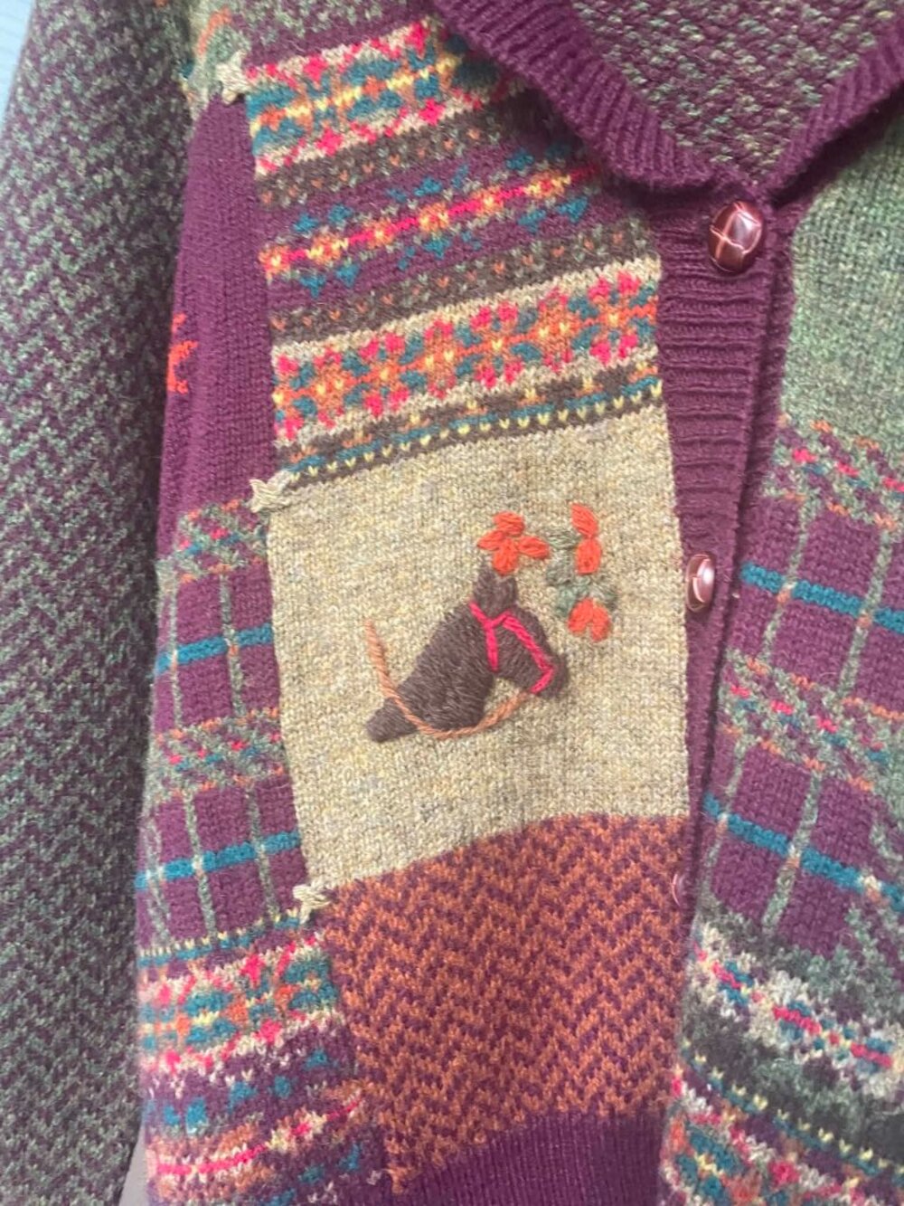 Vintage 90s Susan Bristol Wool Cardigan Sweater M Fall Equestrian Patchwork - Picture 2 of 8